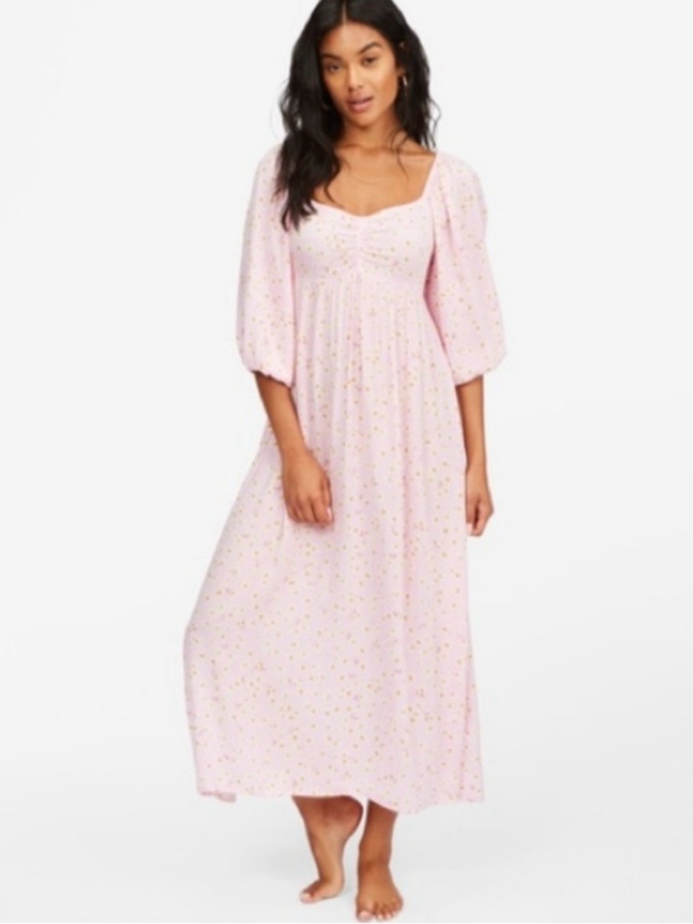 Billabong Pink Floral smocked Midi Dress with Puff Sleeves M
